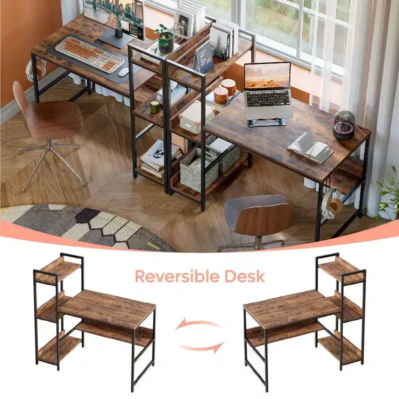 Bestier 47 inch Reversible Computer Desk with Storage Shelves for Home Office in Rustic Brown