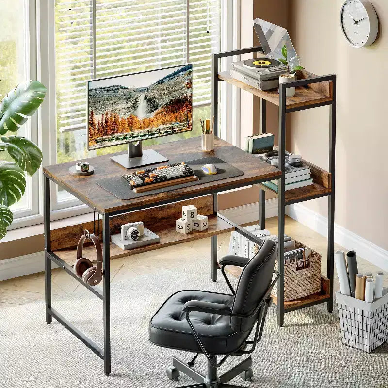 Bestier 47 inch Reversible Computer Desk with Storage Shelves for Home Office in Rustic Brown