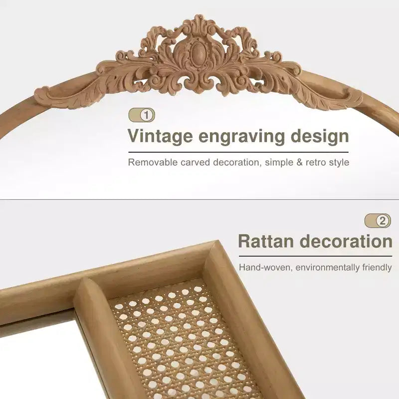 PexFix Classic Carved Arch Wood Frame with Rattan Bottom Wall Mirror