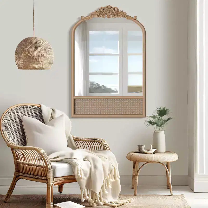 PexFix Classic Carved Arch Wood Frame with Rattan Bottom Wall Mirror