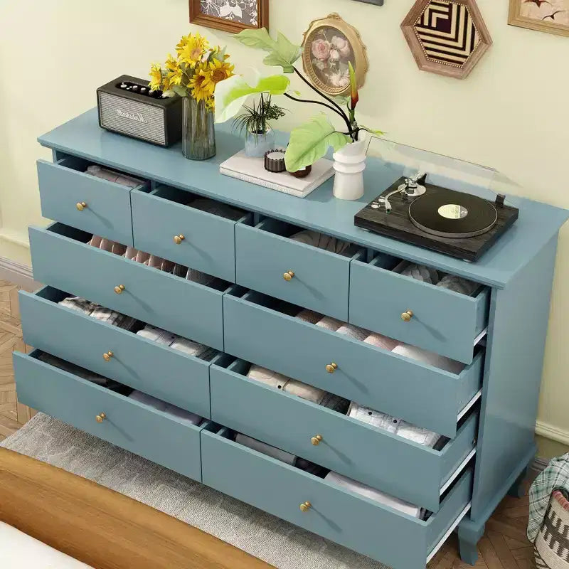 Hitow 10 Drawer Horizontal Dresser with Round Metal Knobs Modern Chest of Drawers