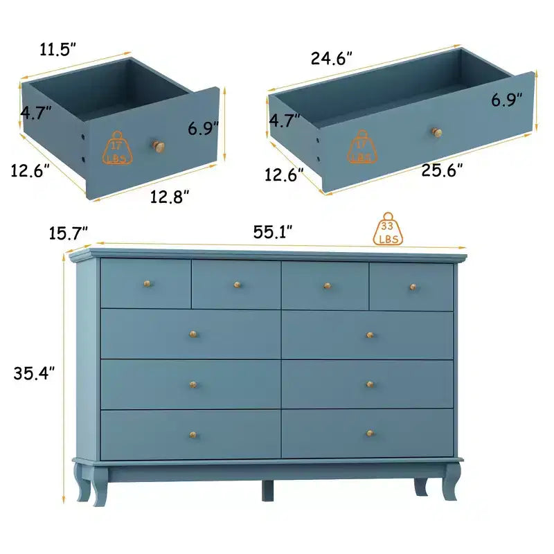 Hitow 10 Drawer Horizontal Dresser with Round Metal Knobs Modern Chest of Drawers