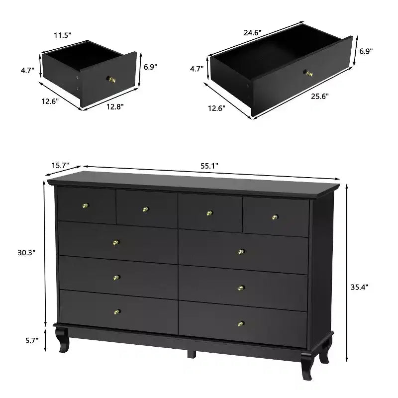 Hitow 10 Drawer Horizontal Dresser with Round Metal Knobs Modern Chest of Drawers