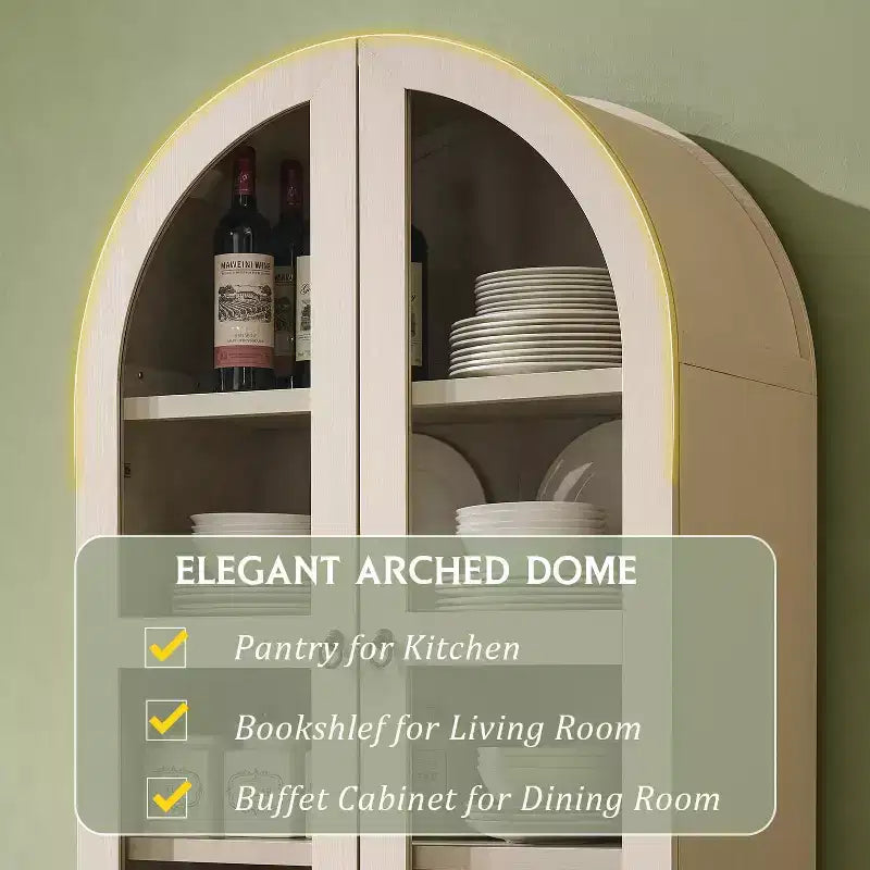 71 Tall Arched Pantry Cabinet with 2 Drawers & Adjustable Shelves & Glass Doors, Modern Farmhouse Kitchen Storage Cabinet