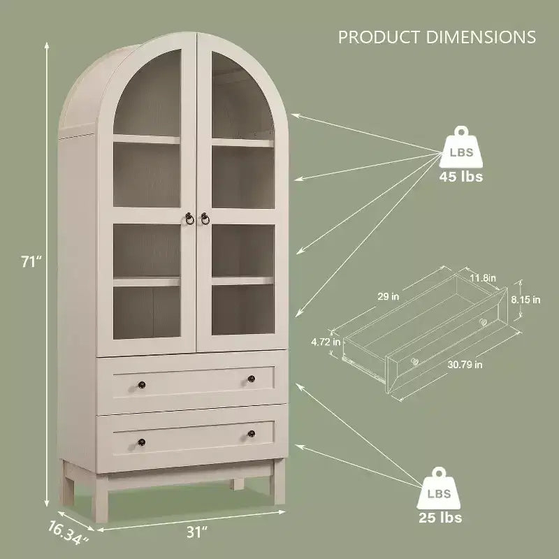 71 Tall Arched Pantry Cabinet with 2 Drawers & Adjustable Shelves & Glass Doors, Modern Farmhouse Kitchen Storage Cabinet