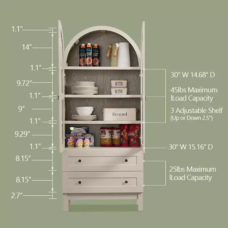 71 Tall Arched Pantry Cabinet with 2 Drawers & Adjustable Shelves & Glass Doors, Modern Farmhouse Kitchen Storage Cabinet