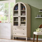 71 Tall Arched Pantry Cabinet with 2 Drawers & Adjustable Shelves & Glass Doors, Modern Farmhouse Kitchen Storage Cabinet