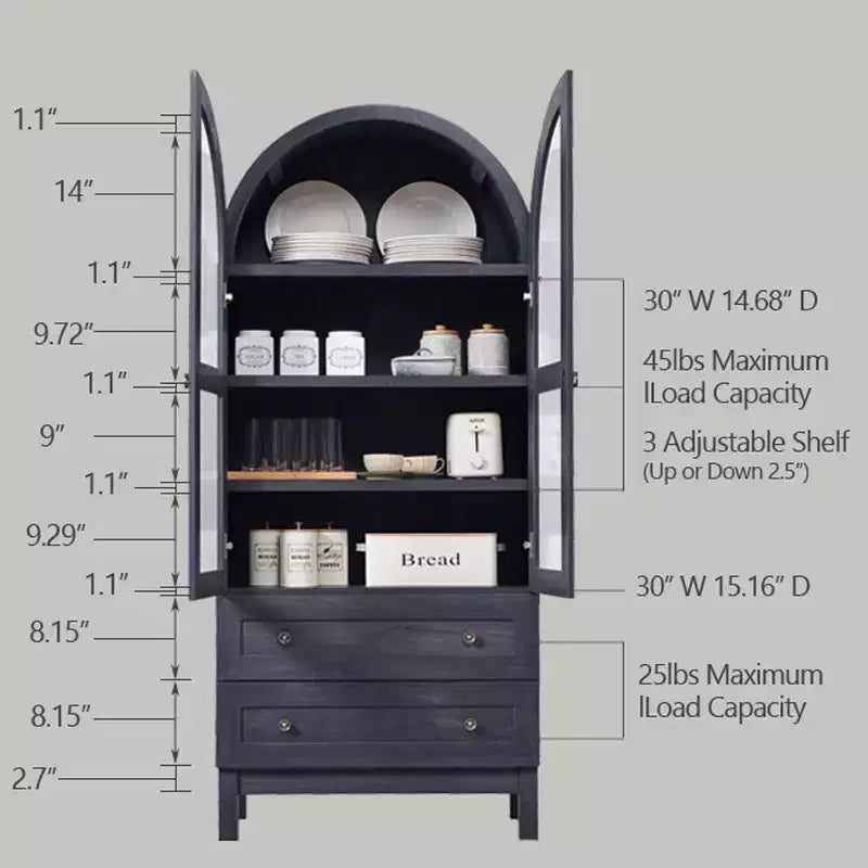 71 Tall Arched Pantry Cabinet with 2 Drawers & Adjustable Shelves & Glass Doors, Modern Farmhouse Kitchen Storage Cabinet