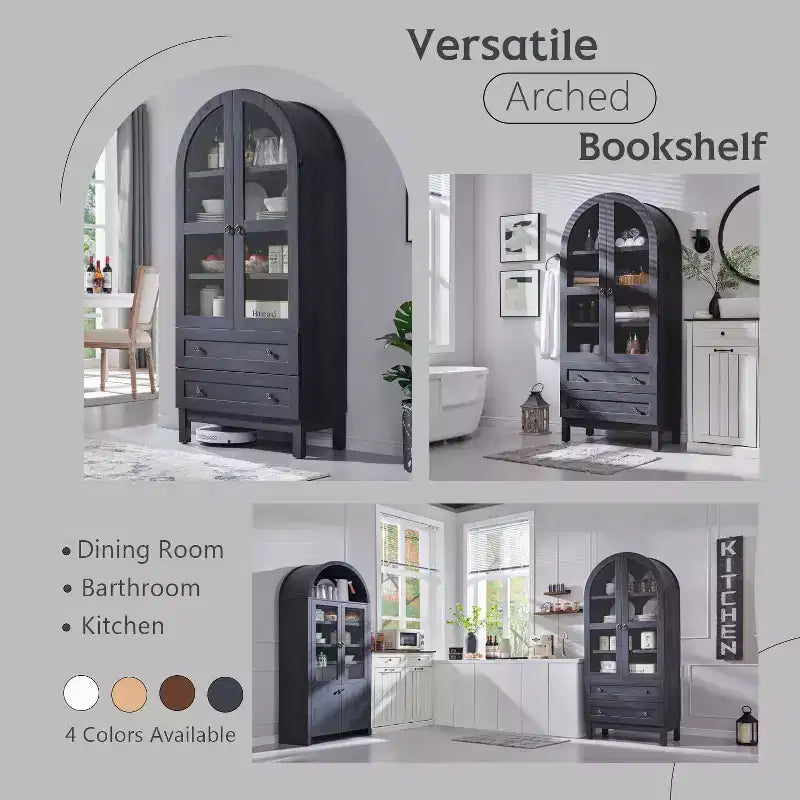 71 Tall Arched Pantry Cabinet with 2 Drawers & Adjustable Shelves & Glass Doors, Modern Farmhouse Kitchen Storage Cabinet
