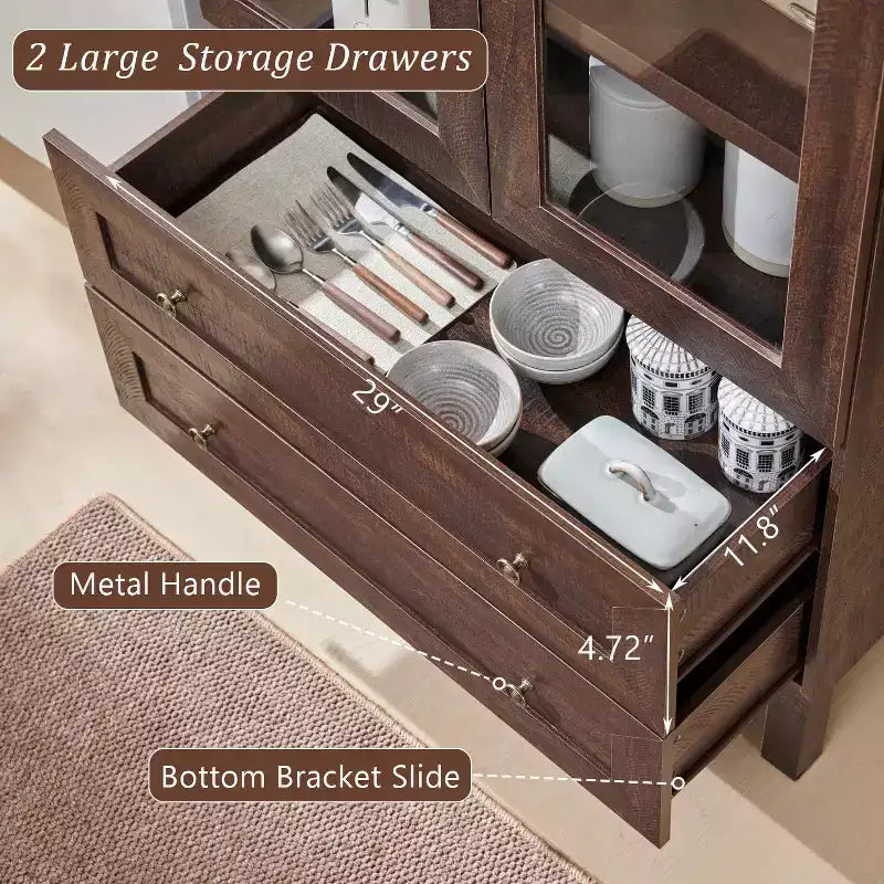 71 Tall Arched Pantry Cabinet with 2 Drawers & Adjustable Shelves & Glass Doors, Modern Farmhouse Kitchen Storage Cabinet