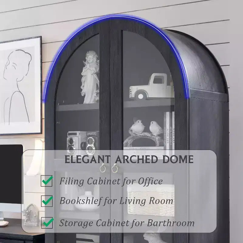 71 Tall Arched Pantry Cabinet with 2 Drawers & Adjustable Shelves & Glass Doors, Modern Farmhouse Kitchen Storage Cabinet