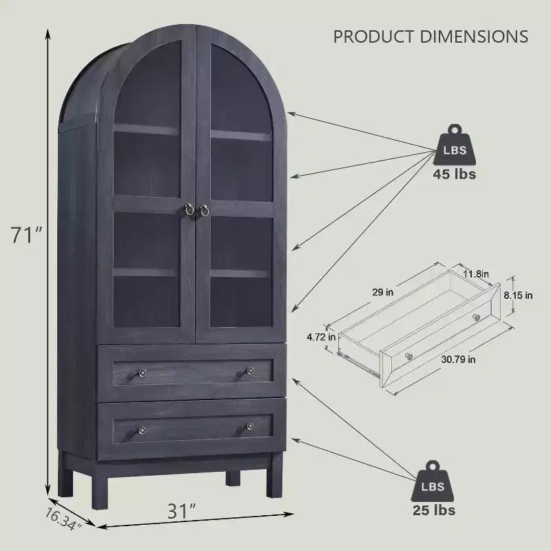 71 Tall Arched Pantry Cabinet with 2 Drawers & Adjustable Shelves & Glass Doors, Modern Farmhouse Kitchen Storage Cabinet