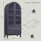 71 Tall Arched Pantry Cabinet with 2 Drawers & Adjustable Shelves & Glass Doors, Modern Farmhouse Kitchen Storage Cabinet