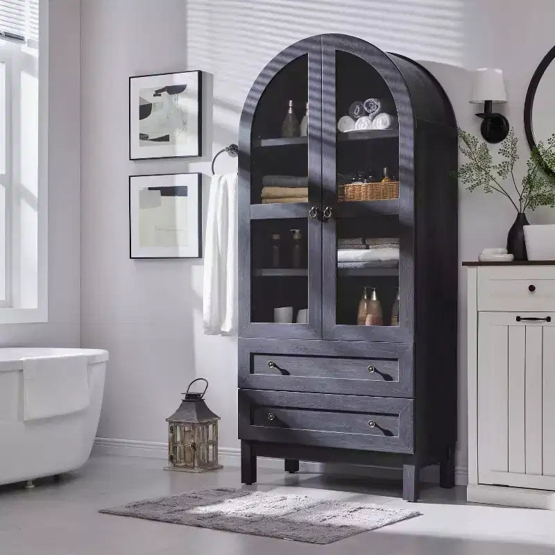 71 Tall Arched Pantry Cabinet with 2 Drawers & Adjustable Shelves & Glass Doors, Modern Farmhouse Kitchen Storage Cabinet