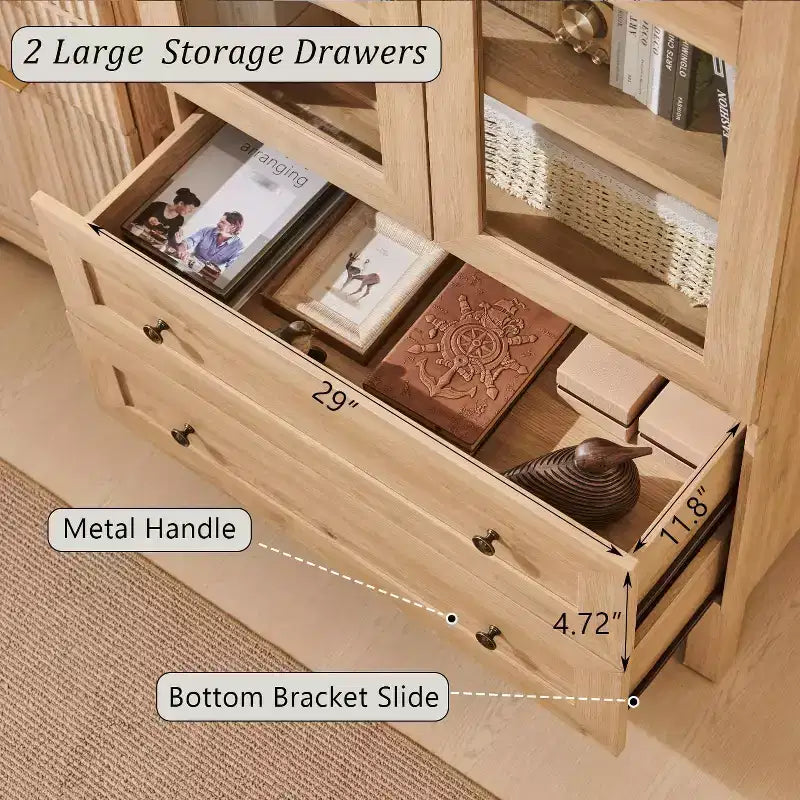 71 Tall Arched Pantry Cabinet with 2 Drawers & Adjustable Shelves & Glass Doors, Modern Farmhouse Kitchen Storage Cabinet