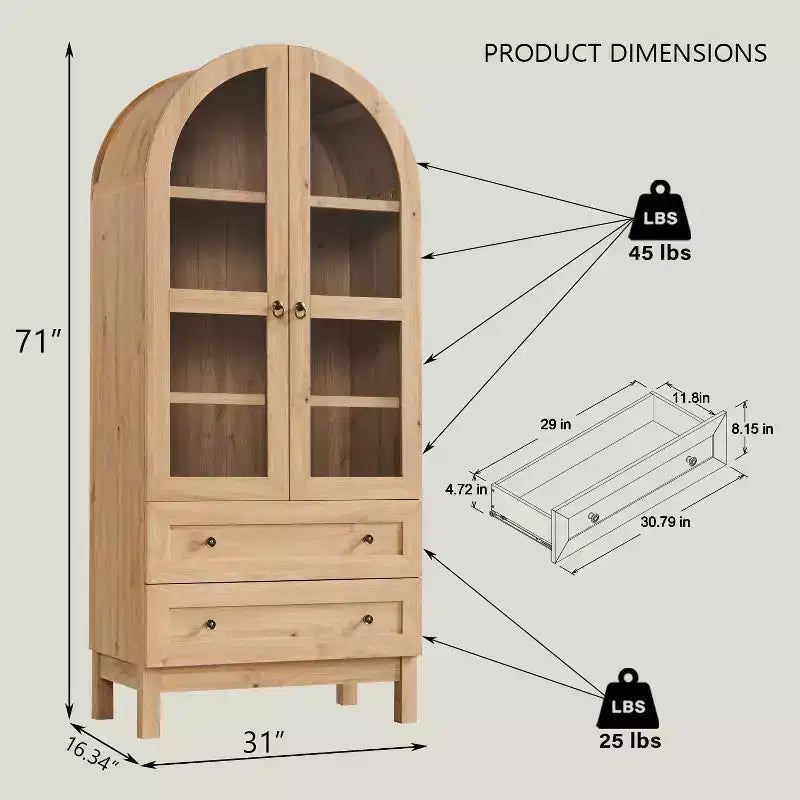 71 Tall Arched Pantry Cabinet with 2 Drawers & Adjustable Shelves & Glass Doors, Modern Farmhouse Kitchen Storage Cabinet