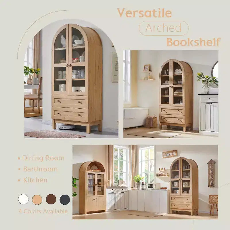 71 Tall Arched Pantry Cabinet with 2 Drawers & Adjustable Shelves & Glass Doors, Modern Farmhouse Kitchen Storage Cabinet