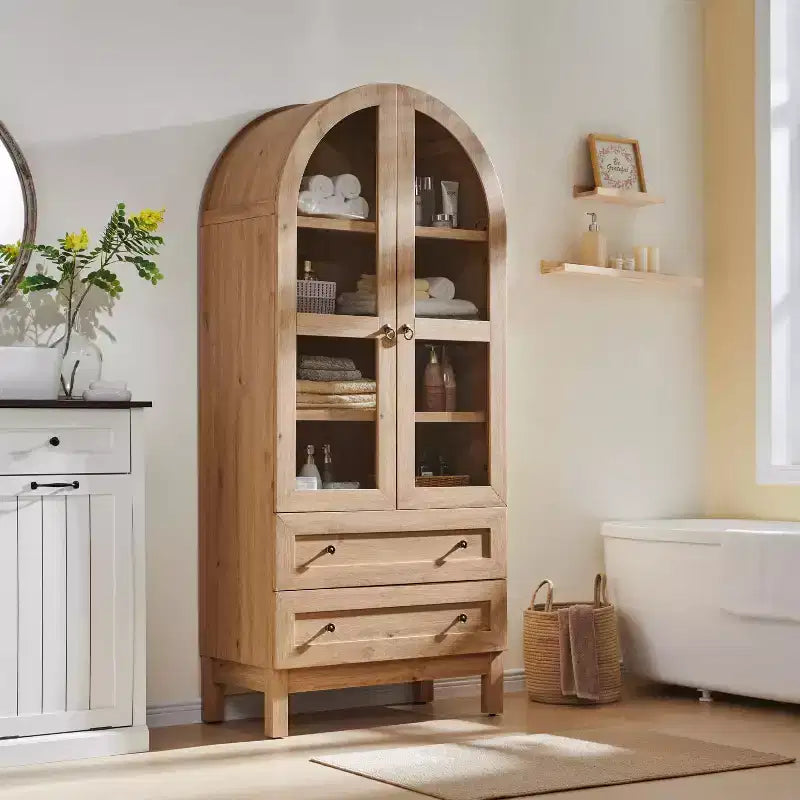 71 Tall Arched Pantry Cabinet with 2 Drawers & Adjustable Shelves & Glass Doors, Modern Farmhouse Kitchen Storage Cabinet