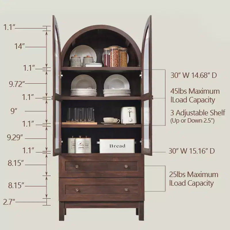 71 Tall Arched Pantry Cabinet with 2 Drawers & Adjustable Shelves & Glass Doors, Modern Farmhouse Kitchen Storage Cabinet