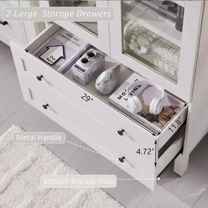 71 Tall Arched Pantry Cabinet with 2 Drawers & Adjustable Shelves & Glass Doors, Modern Farmhouse Kitchen Storage Cabinet