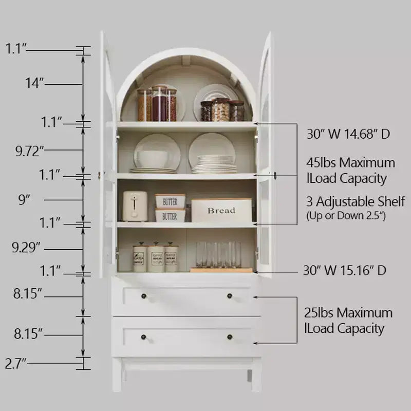 71 Tall Arched Pantry Cabinet with 2 Drawers & Adjustable Shelves & Glass Doors, Modern Farmhouse Kitchen Storage Cabinet