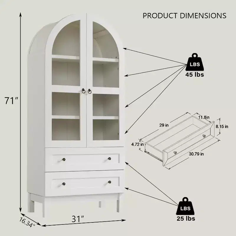 71 Tall Arched Pantry Cabinet with 2 Drawers & Adjustable Shelves & Glass Doors, Modern Farmhouse Kitchen Storage Cabinet