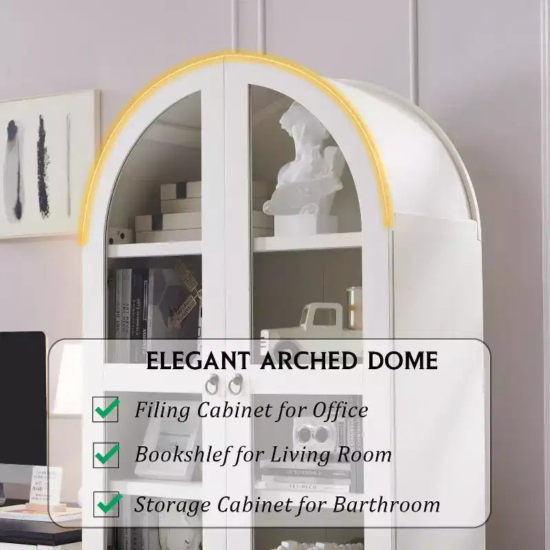 71 Tall Arched Pantry Cabinet with 2 Drawers & Adjustable Shelves & Glass Doors, Modern Farmhouse Kitchen Storage Cabinet