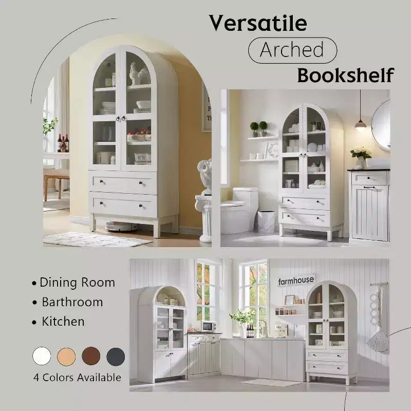 71 Tall Arched Pantry Cabinet with 2 Drawers & Adjustable Shelves & Glass Doors, Modern Farmhouse Kitchen Storage Cabinet
