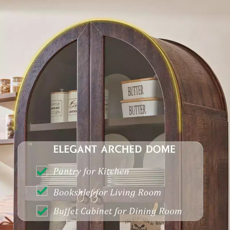 71 Tall Arched Pantry Cabinet with 2 Drawers & Adjustable Shelves & Glass Doors, Modern Farmhouse Kitchen Storage Cabinet