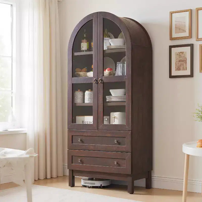71 Tall Arched Pantry Cabinet with 2 Drawers & Adjustable Shelves & Glass Doors, Modern Farmhouse Kitchen Storage Cabinet