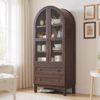 71 Tall Arched Pantry Cabinet with 2 Drawers & Adjustable Shelves & Glass Doors, Modern Farmhouse Kitchen Storage Cabinet