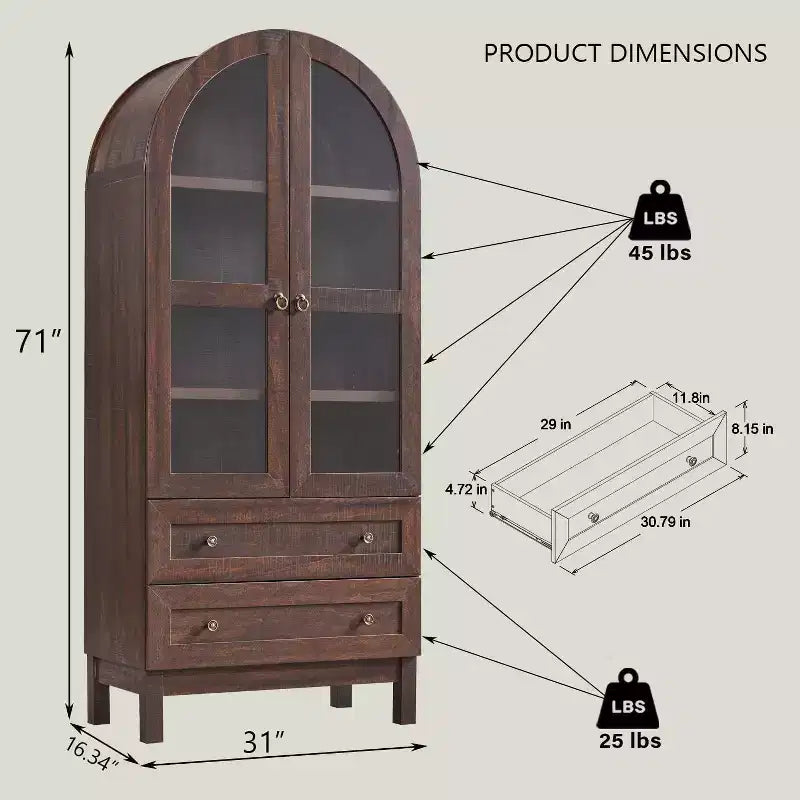 71 Tall Arched Pantry Cabinet with 2 Drawers & Adjustable Shelves & Glass Doors, Modern Farmhouse Kitchen Storage Cabinet