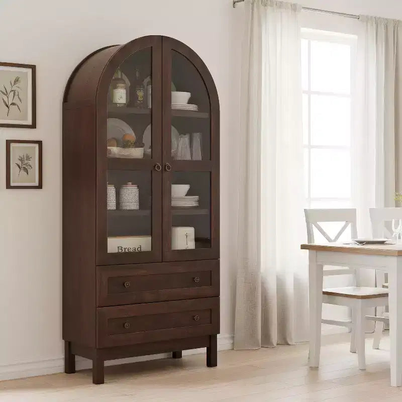 71 Tall Arched Pantry Cabinet with 2 Drawers & Adjustable Shelves & Glass Doors, Modern Farmhouse Kitchen Storage Cabinet