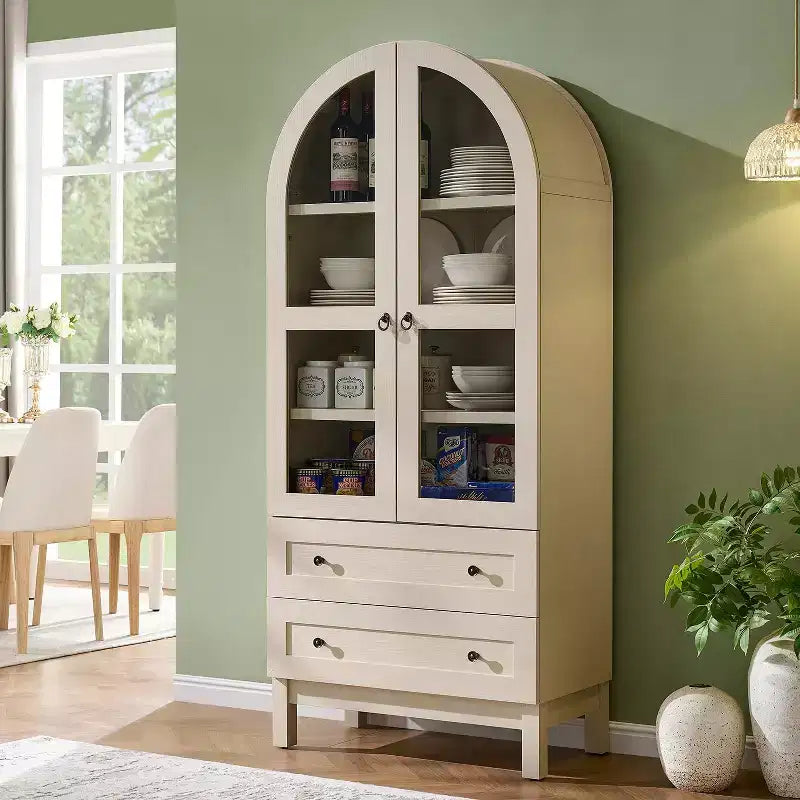 71 Tall Arched Pantry Cabinet with 2 Drawers & Adjustable Shelves & Glass Doors, Modern Farmhouse Kitchen Storage Cabinet
