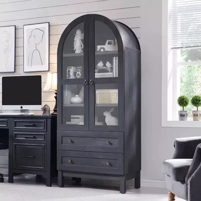 71 Tall Arched Pantry Cabinet with 2 Drawers & Adjustable Shelves & Glass Doors, Modern Farmhouse Kitchen Storage Cabinet