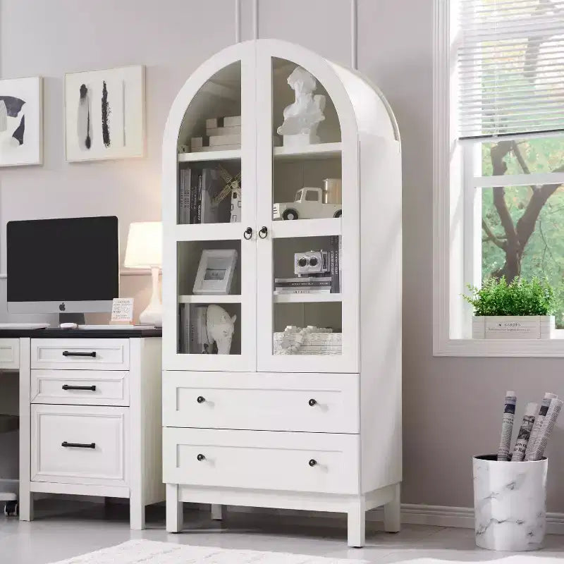 71 Tall Arched Pantry Cabinet with 2 Drawers & Adjustable Shelves & Glass Doors, Modern Farmhouse Kitchen Storage Cabinet