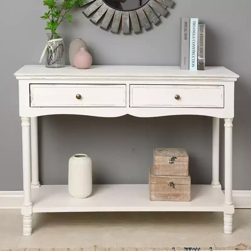 LuxenHome White Wood Console Table with 2 Drawers and Shelf, Entryway Storage Furniture