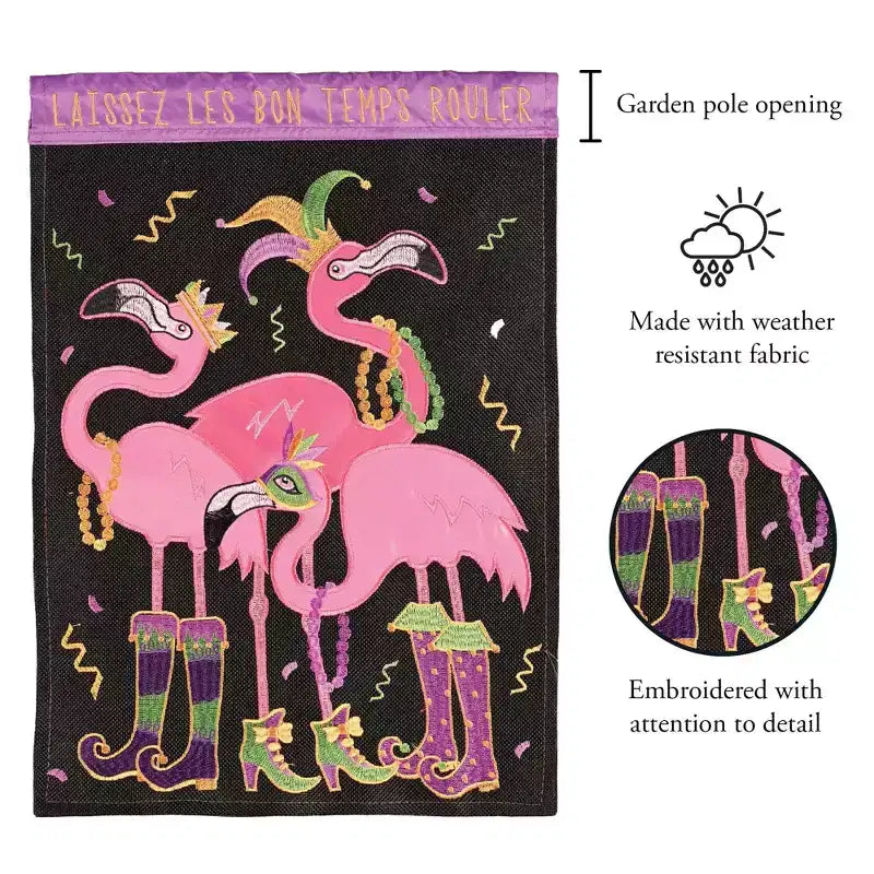 Magnolia Garden Laissez Les Bon Temps Rouler Mardi Gras Flamingos 13 x 18 Inch Polyester Garden Flag