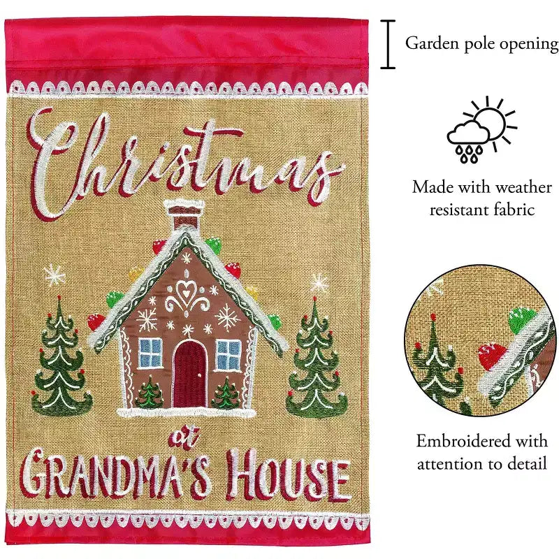 Grandma's House Holiday Red and Tan 13 X 19 Burlap Outdoor Hanging Garden Flag