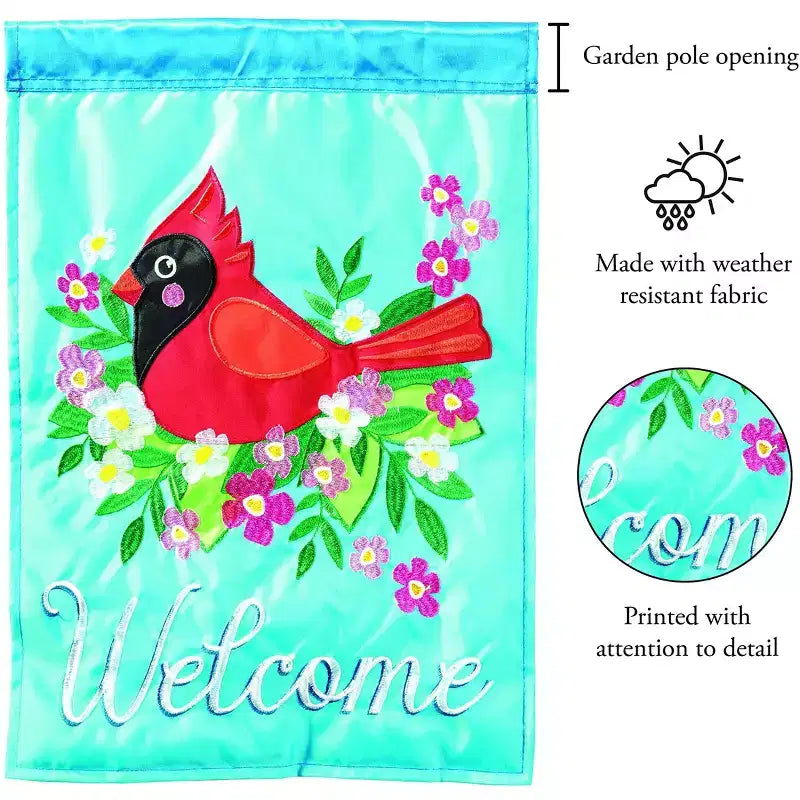 Magnolia Garden Welcome Cardinal Floral 13 x 19 Blue Polyester Outdoor Hanging Flag