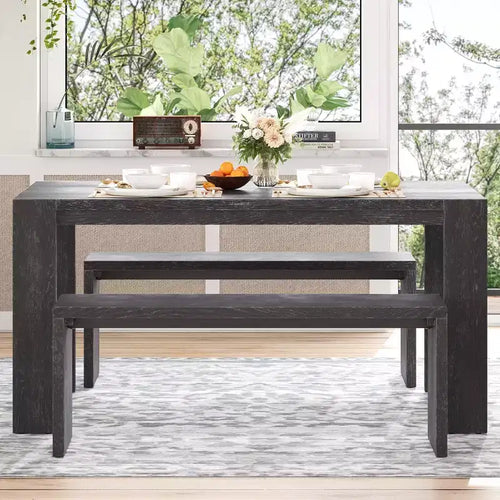 3-Piece Farmhouse Style Dining Set, Dining Table and 2 Benches for Dining Room, Kitchen and Living Room - ModernLuxe