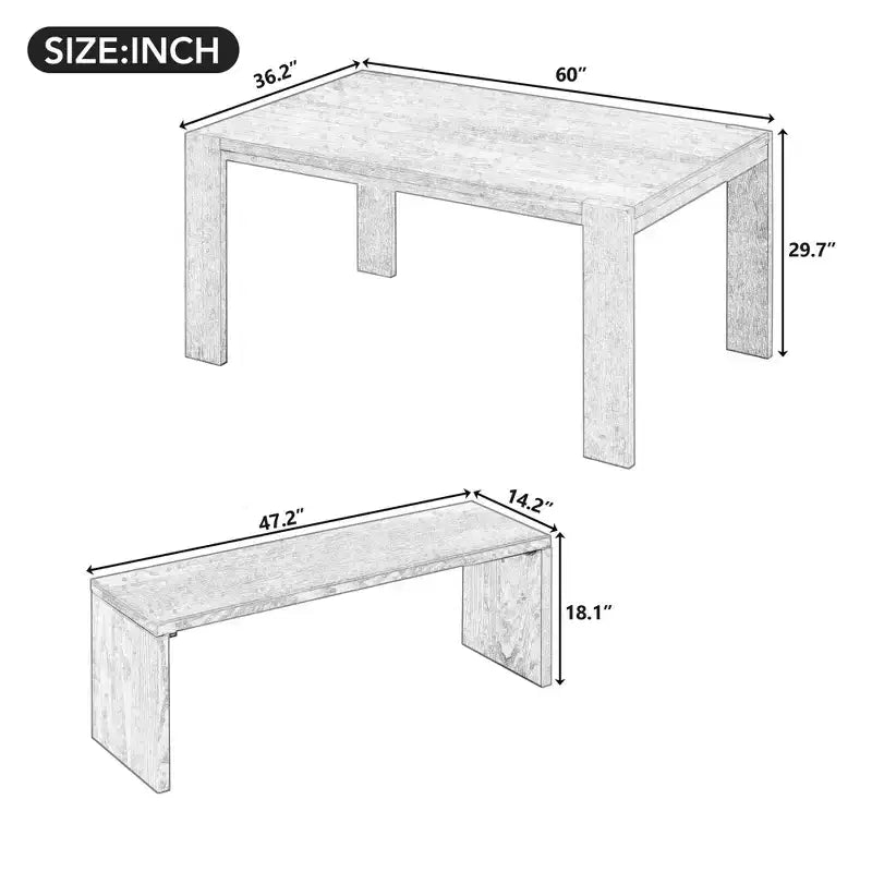 3-Piece Farmhouse Style Dining Set, Dining Table and 2 Benches for Dining Room, Kitchen and Living Room - ModernLuxe