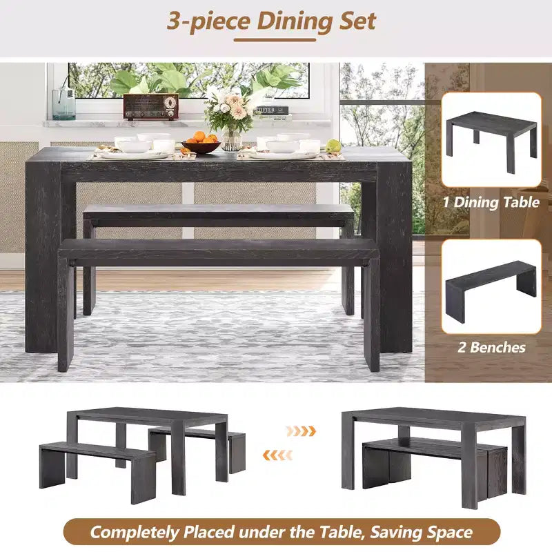 3-Piece Farmhouse Style Dining Set, Dining Table and 2 Benches for Dining Room, Kitchen and Living Room - ModernLuxe