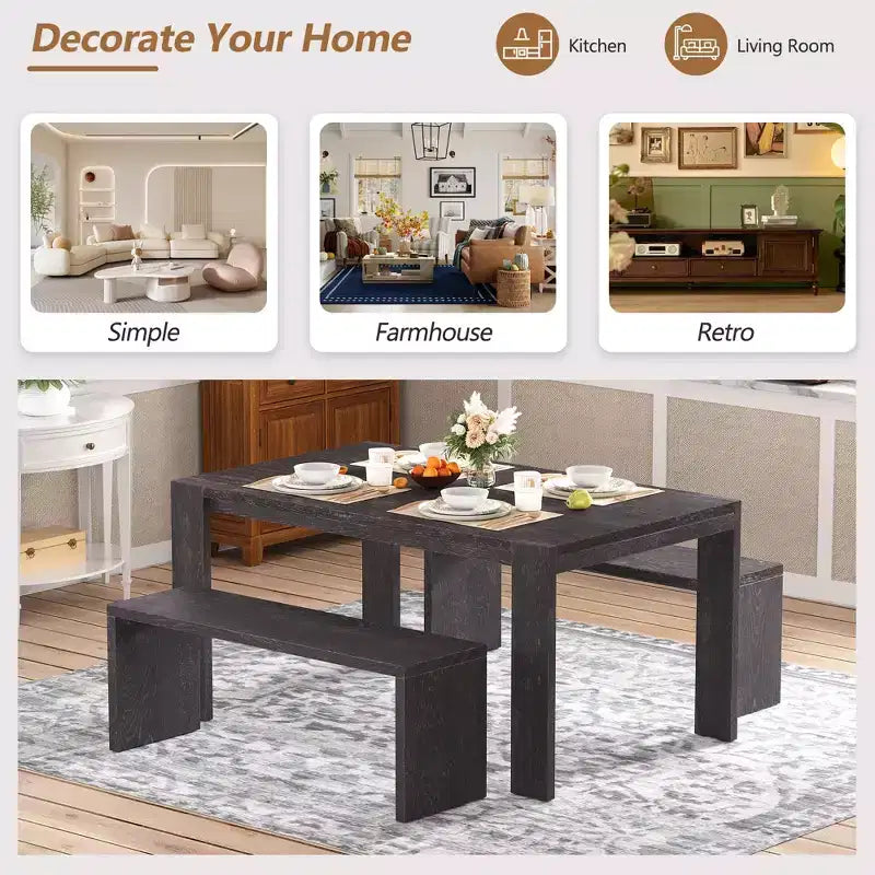 3-Piece Farmhouse Style Dining Set, Dining Table and 2 Benches for Dining Room, Kitchen and Living Room - ModernLuxe
