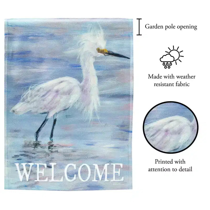Magnolia Garden Welcome White Egret 13 x 19 Blue Polyester Outdoor Hanging Flag