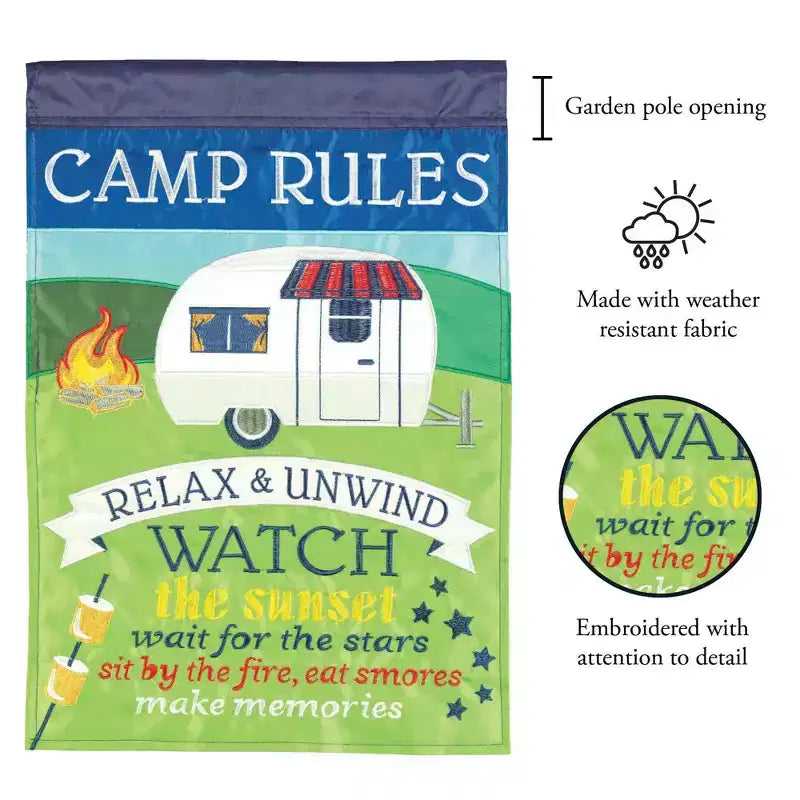 Magnolia Garden Camp Rules Camper Campfire 29 x 42 Inch Polyester Garden Flag
