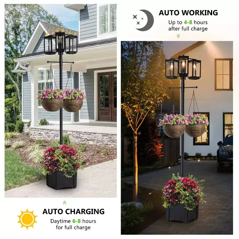 C Cattleya 3-Light 77.5in Black Complete Post Light with Planter and Clear Tempered Glass