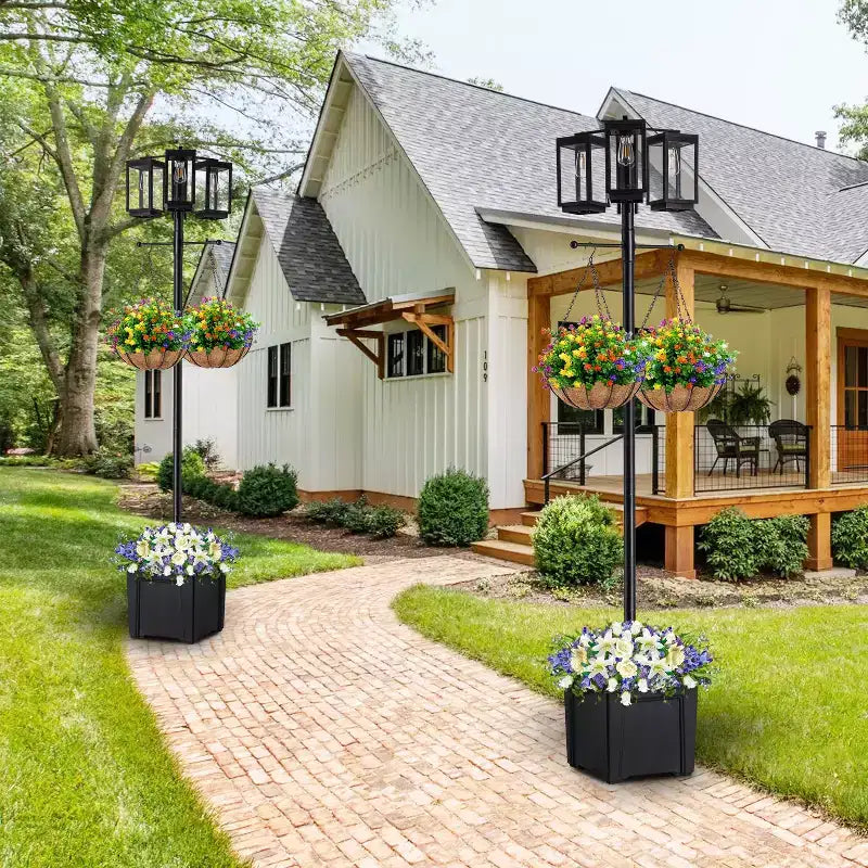 C Cattleya 3-Light 77.5in Black Complete Post Light with Planter and Clear Tempered Glass