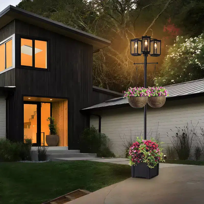 C Cattleya 3-Light 77.5in Black Complete Post Light with Planter and Clear Tempered Glass
