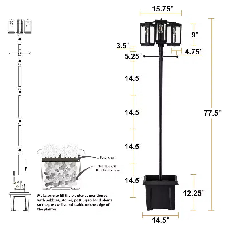 C Cattleya 3-Light 77.5in Black Complete Post Light with Planter and Clear Tempered Glass